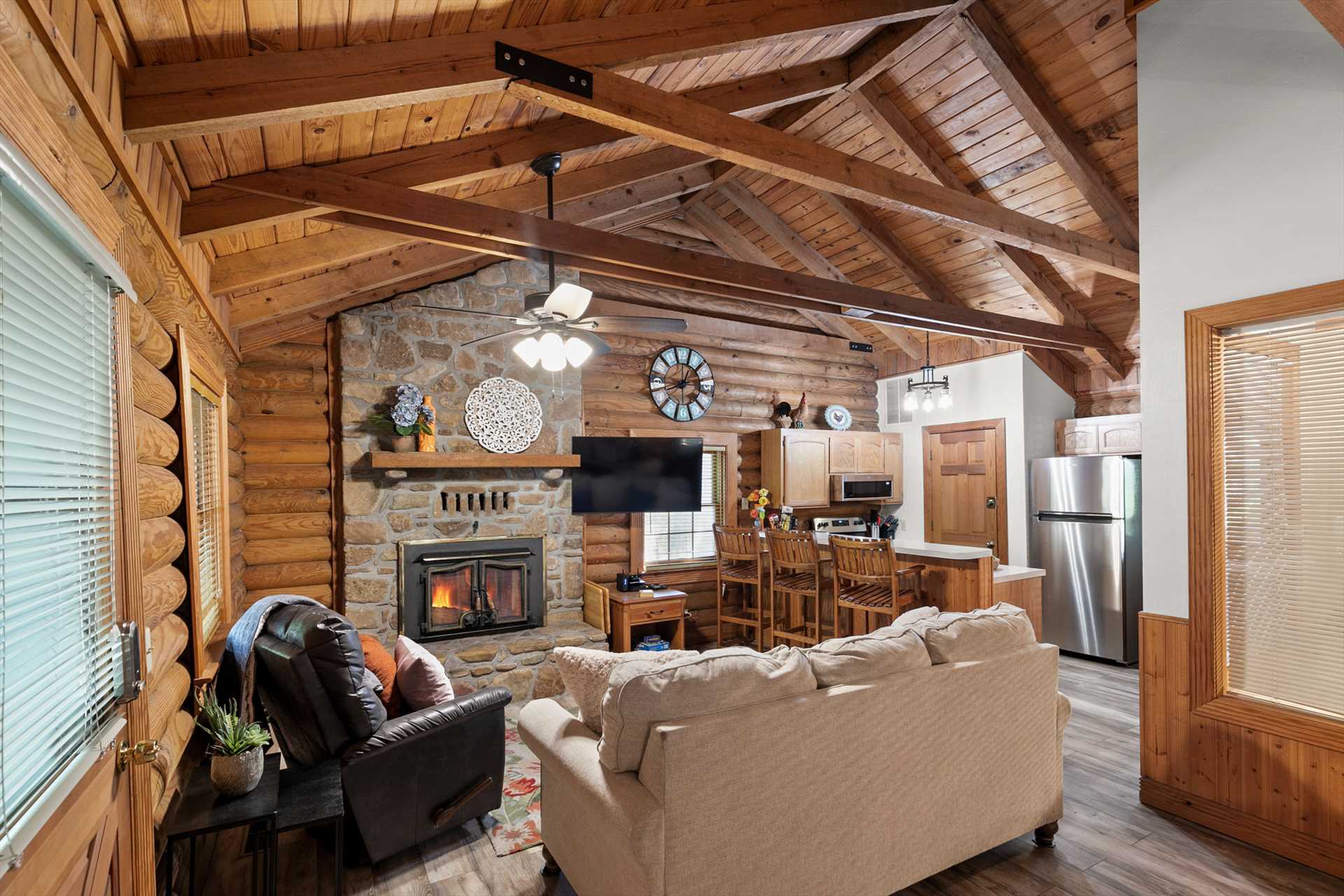 The cabin has a open concept studio layout.