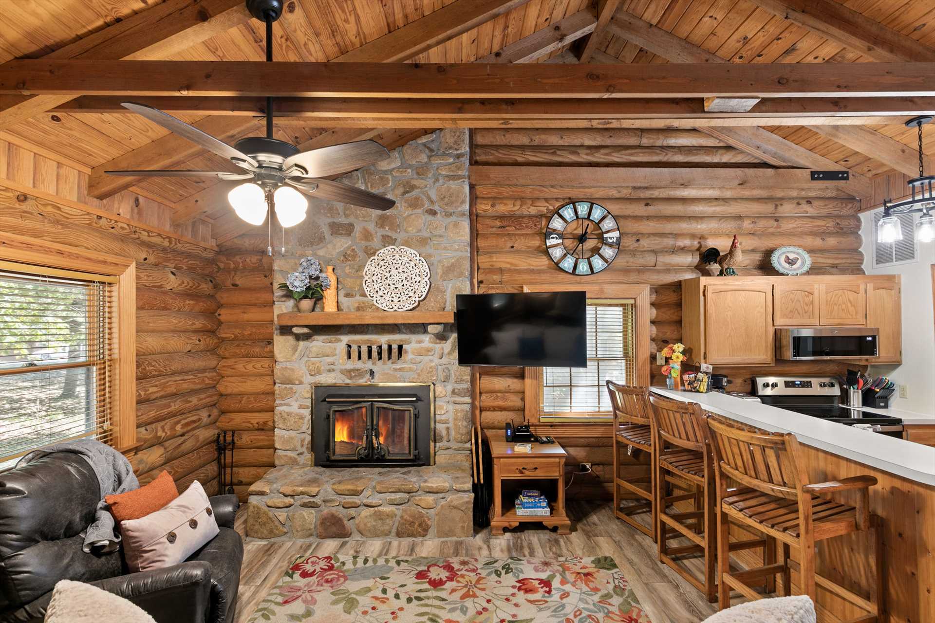 The wood burning fireplace is a highlight of the cabin.