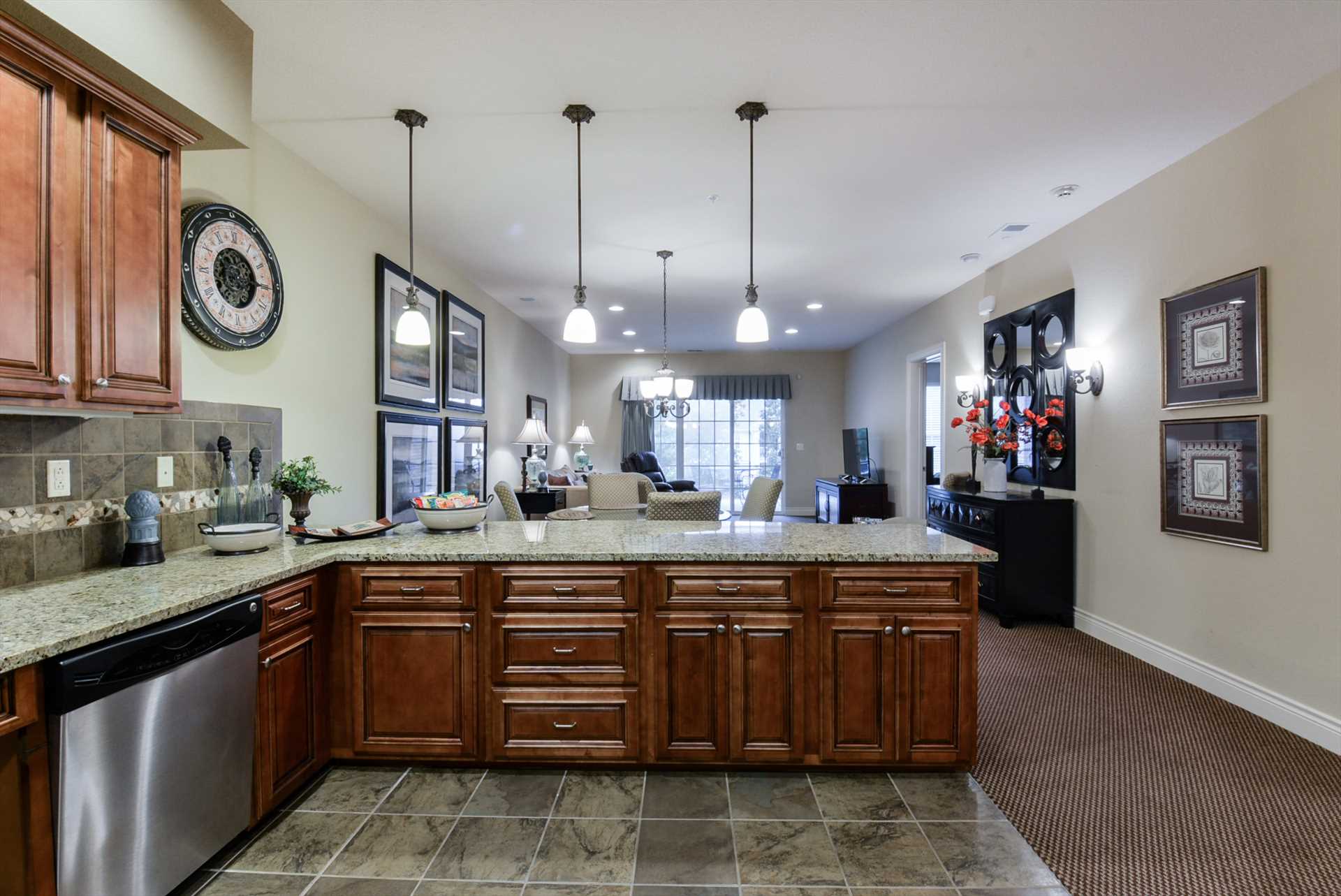 The kitchen overlooks the living area.