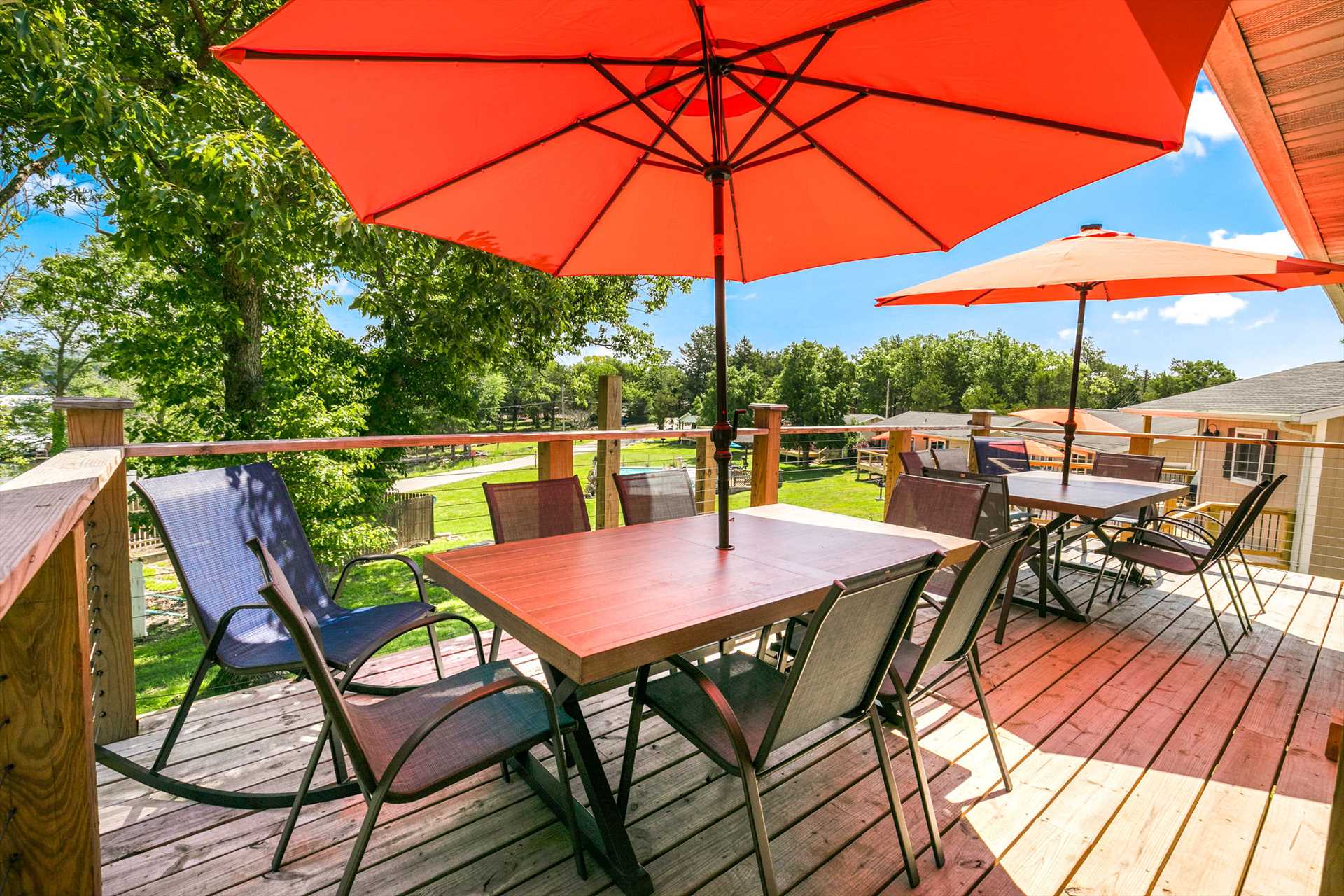 There is seating for both cabins on the shaded deck.