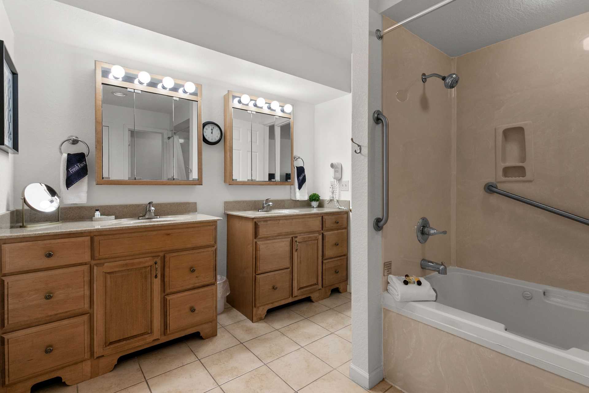 There is also a large, jetted tub and shower combo.