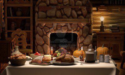 Thanksgiving dinner in a cabin.