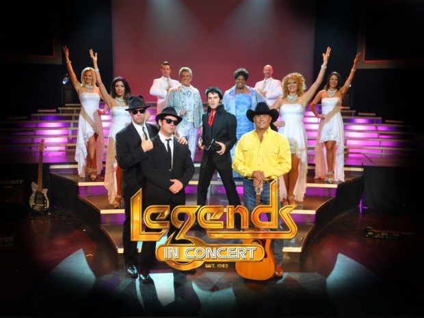 Group of musical tribute artists. Text: Legends in Concert