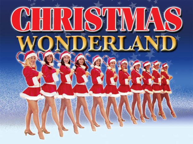 chorus line of women in santa skirts and holding candy canes. text: christmas wonderland