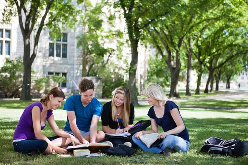 College students studying together in campus ground