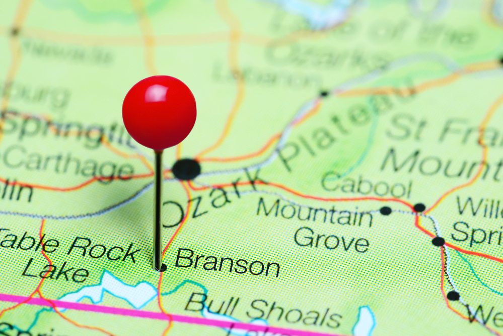 map with pin on branson, missouri